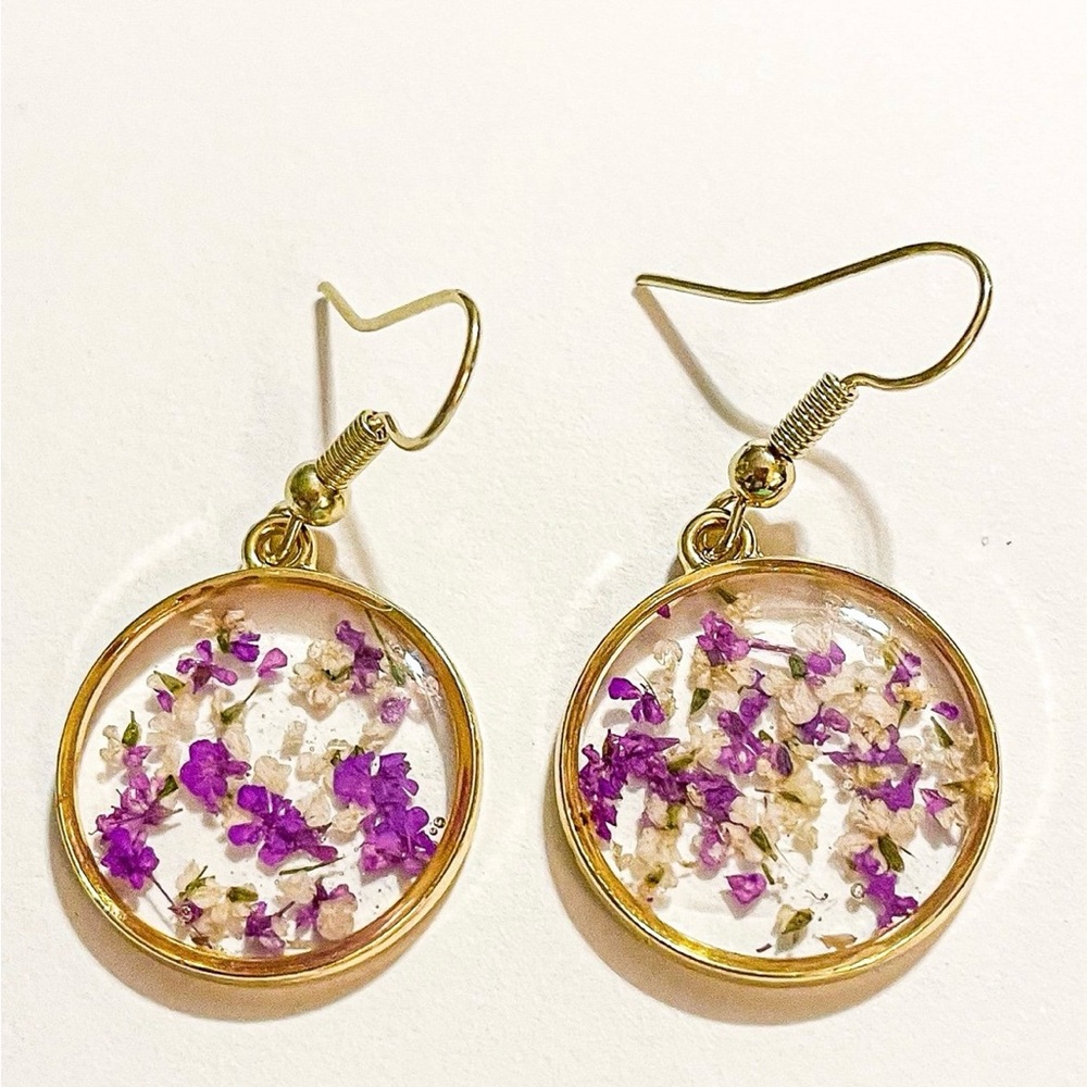 Pressed Purple & White Flower Dangle Earrings